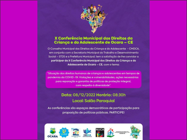 CMDCA e Prefeitura realizarão a X Conferência Municipal dos Direitos da Criança e do Adolescente de Ocara